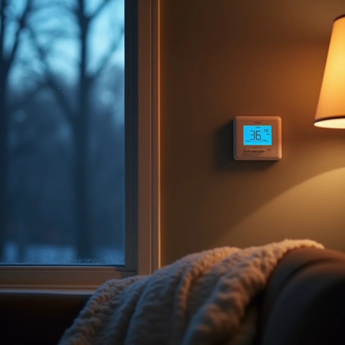 Thermostat set to heat on a cold December night in a Kennesaw, GA home, with frost on the window behind it