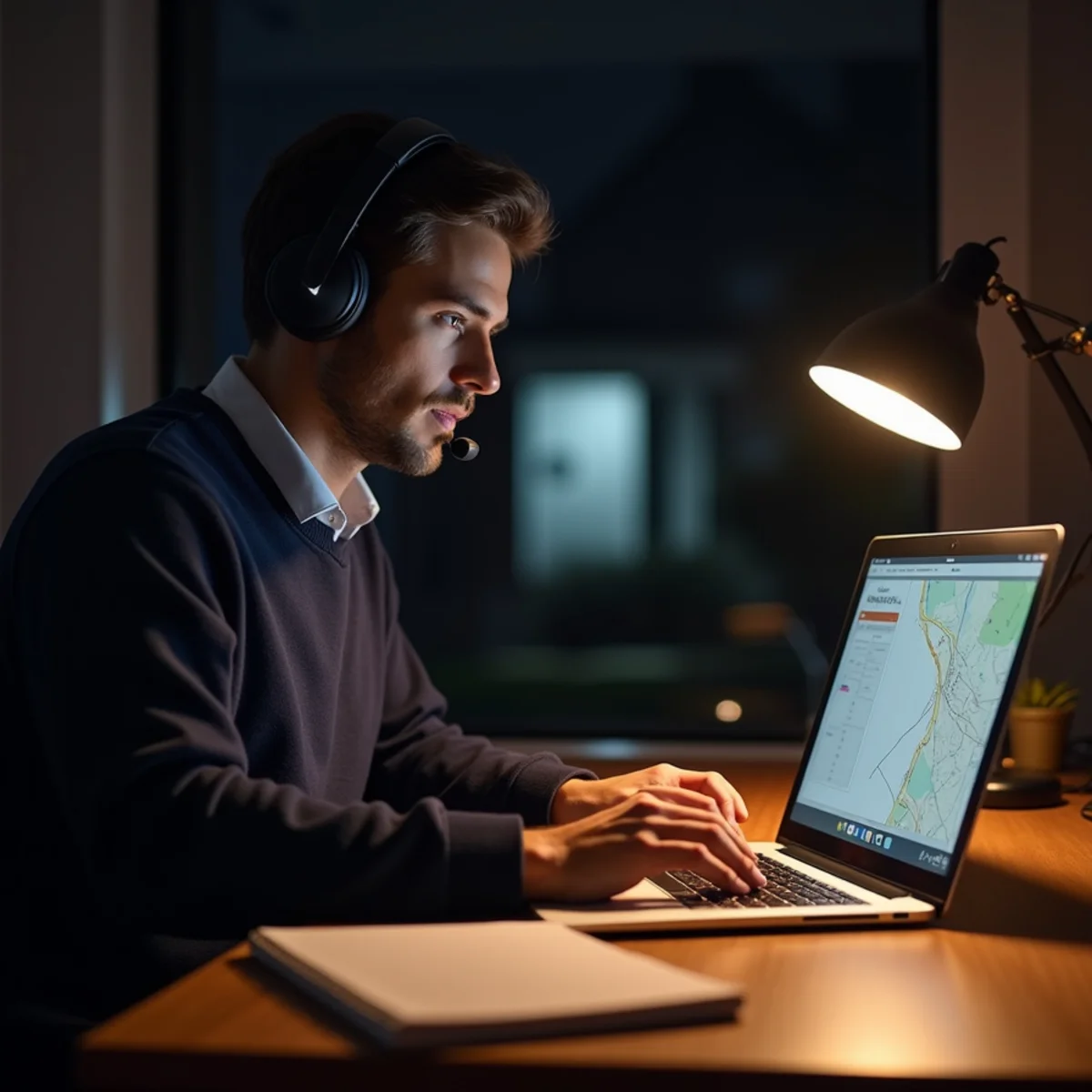 Dispatcher with a headset taking an after-hours HVAC service call for a Kennesaw, GA home